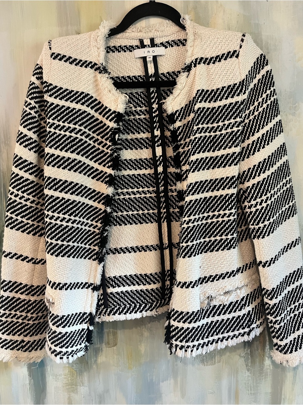 IRO Black & Ivory Woven Tweed Fringe Jacket Size 36
